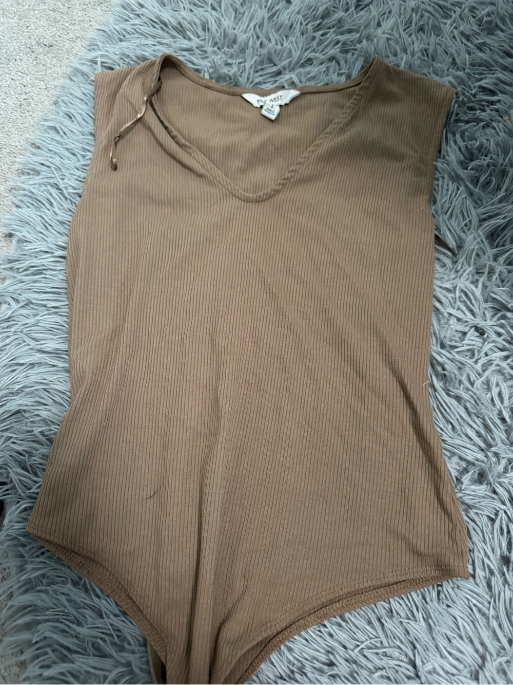 Nine West Sleeveless Ribbed V-Neck Bodysuit - Tan